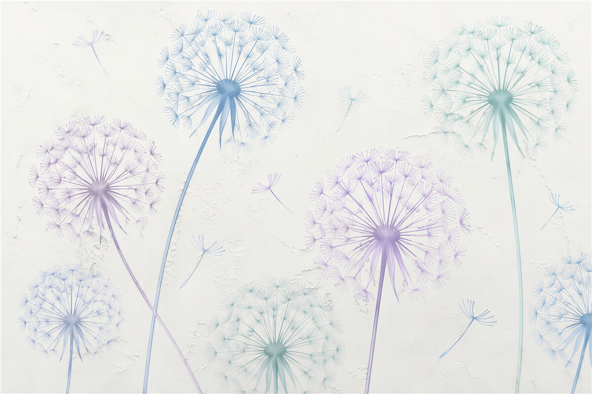 Fototapeten Pastellfarbene Pusteblumen auf Putz