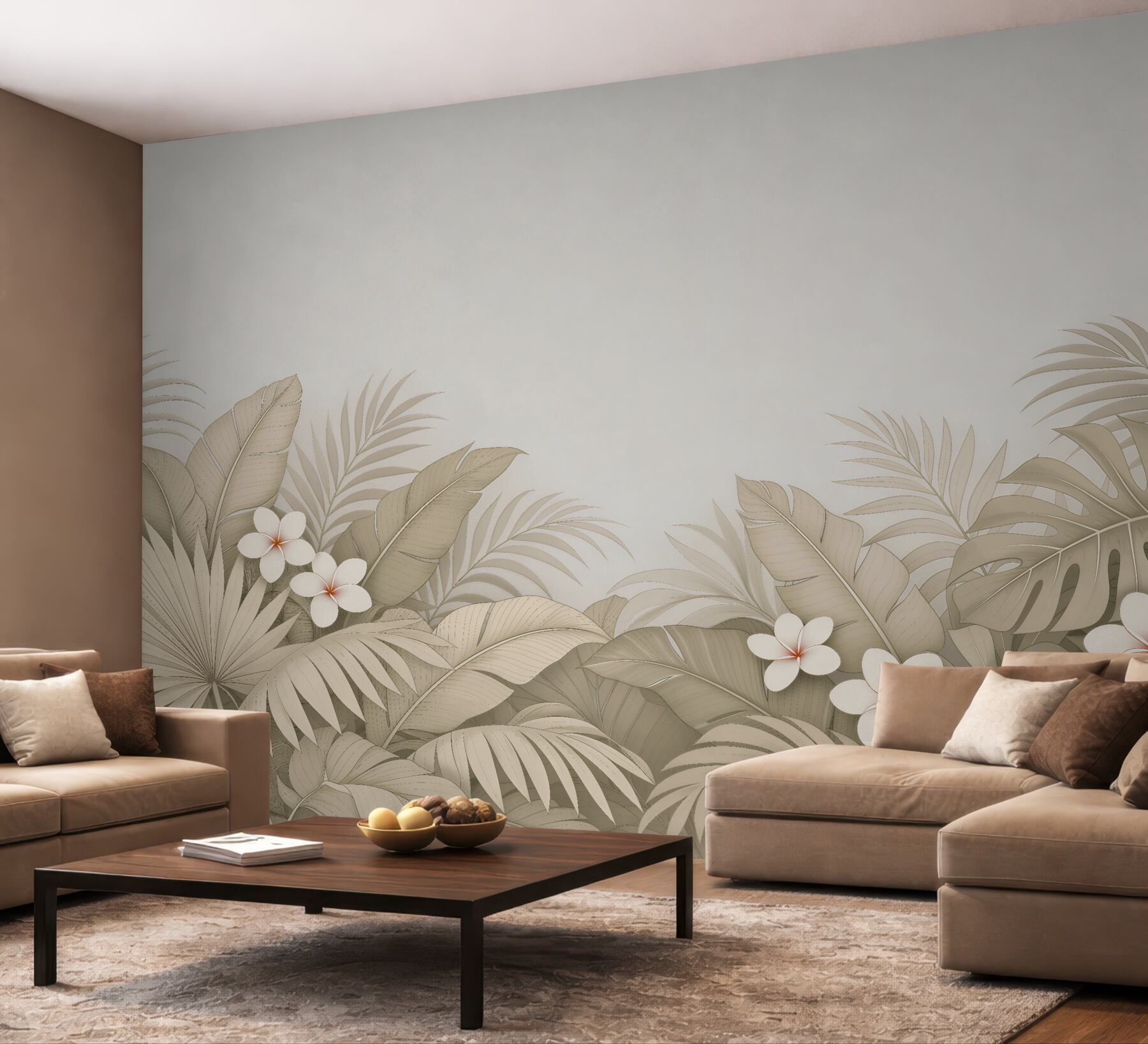 Fototapeten Beige tropische Komposition mit Blumen
