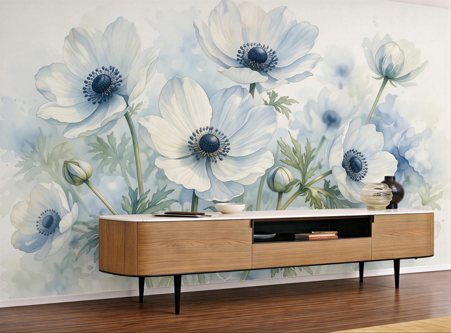 Fototapeten Weiße Blumen in blauer Aquarellmalerei