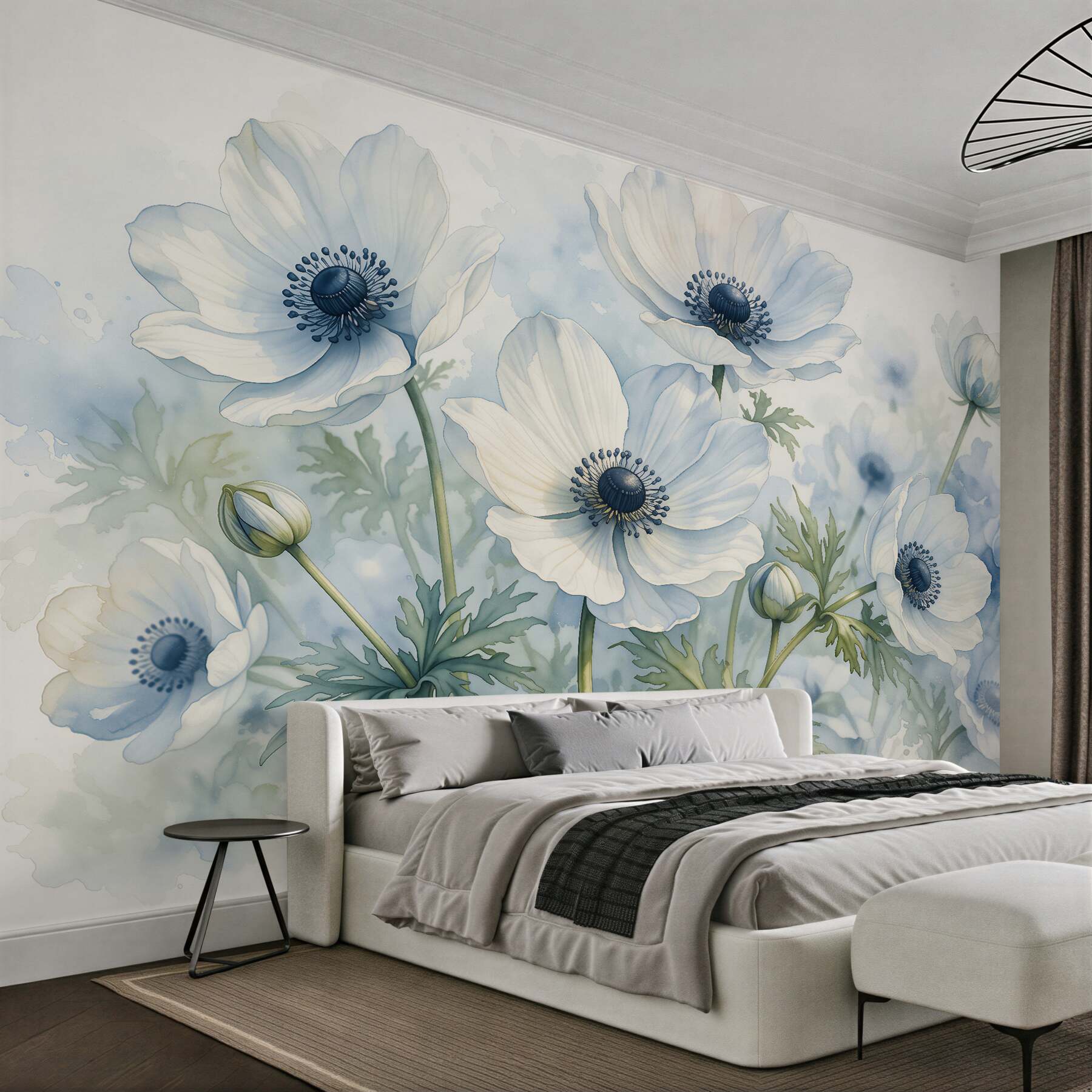Fototapeten Weiße Blumen in blauer Aquarellmalerei