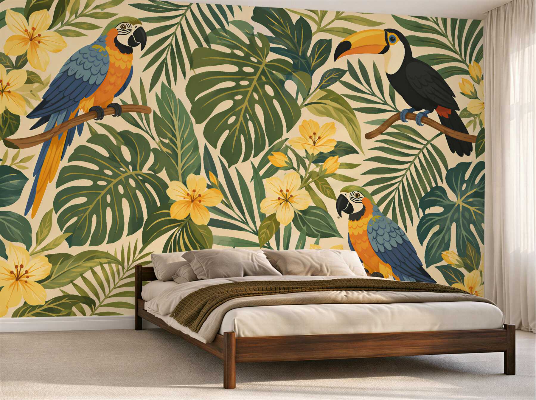 Fototapeten Tropische Vögel zwischen Blumen