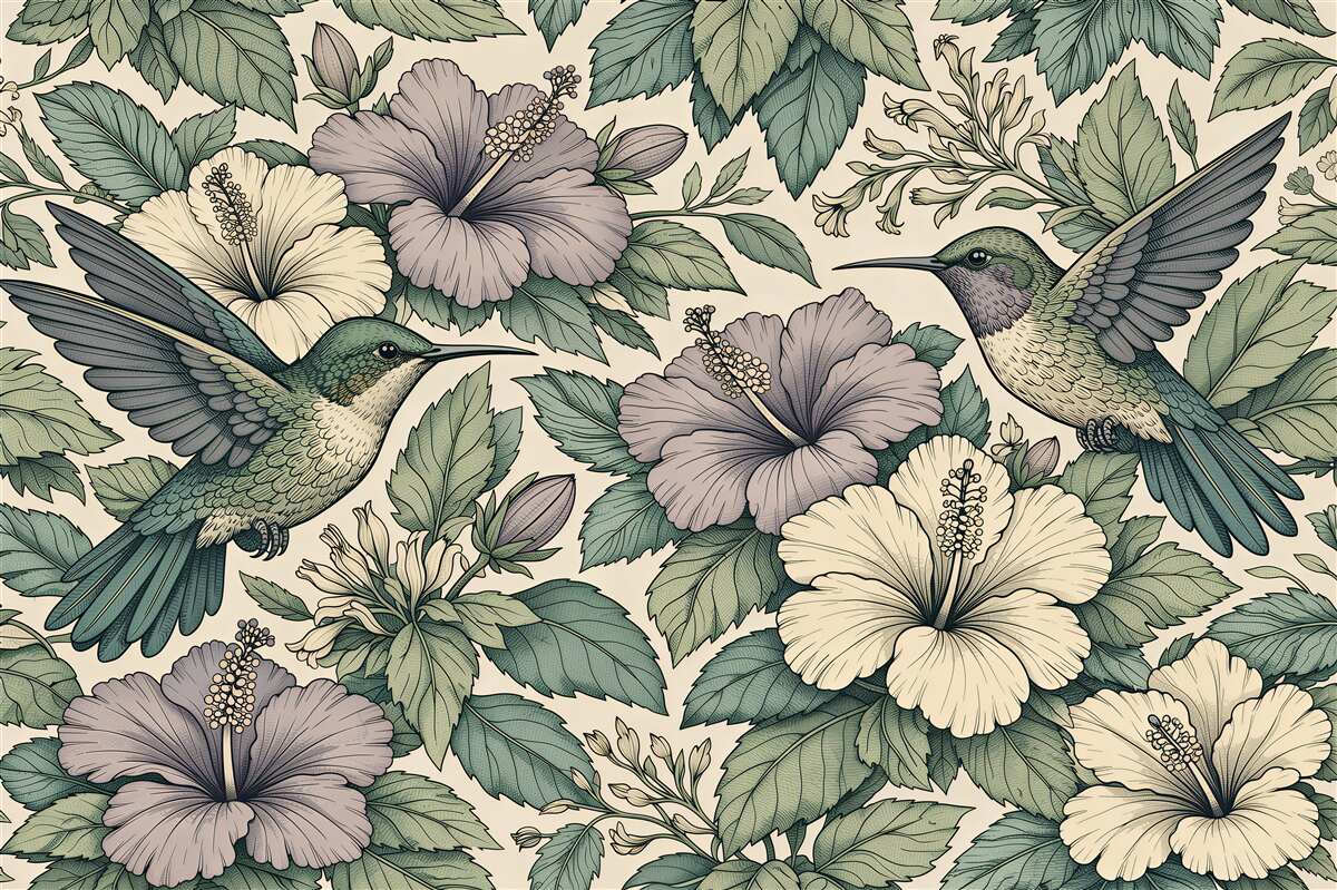 Fototapeten Kolibris zwischen pastellfarbenen Blumen