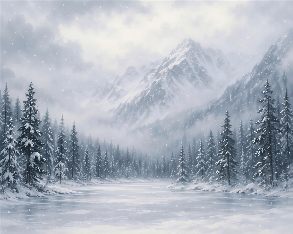 Fototapeten Winterwald unter nebligen Gipfeln