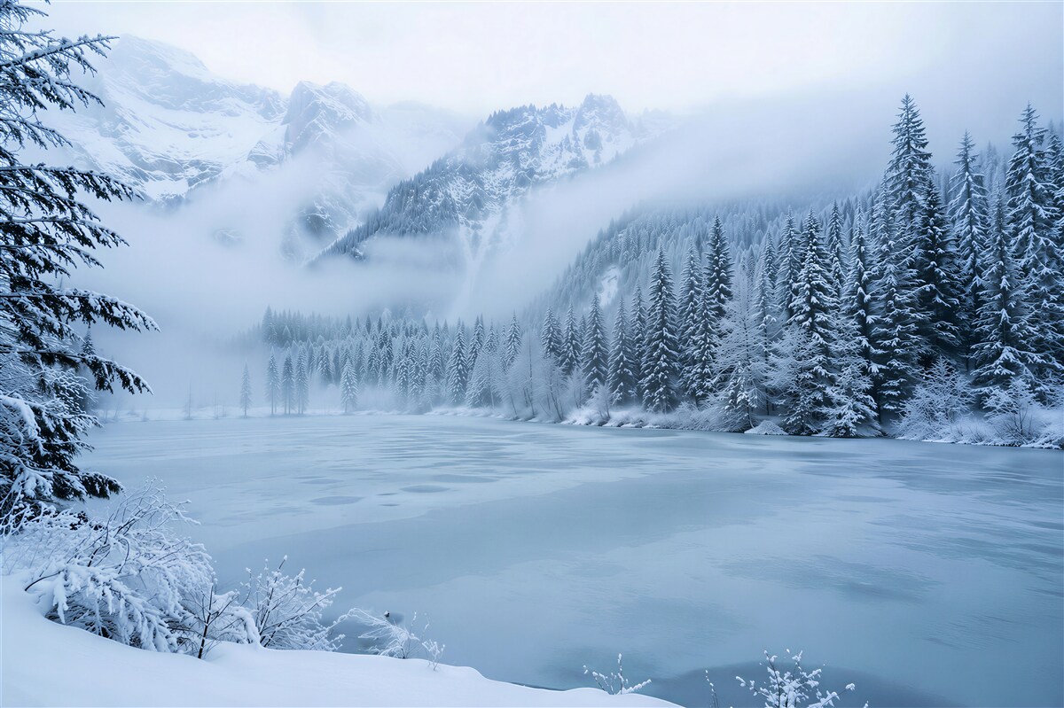 Fototapeten Gefrorener See im Bergnebel