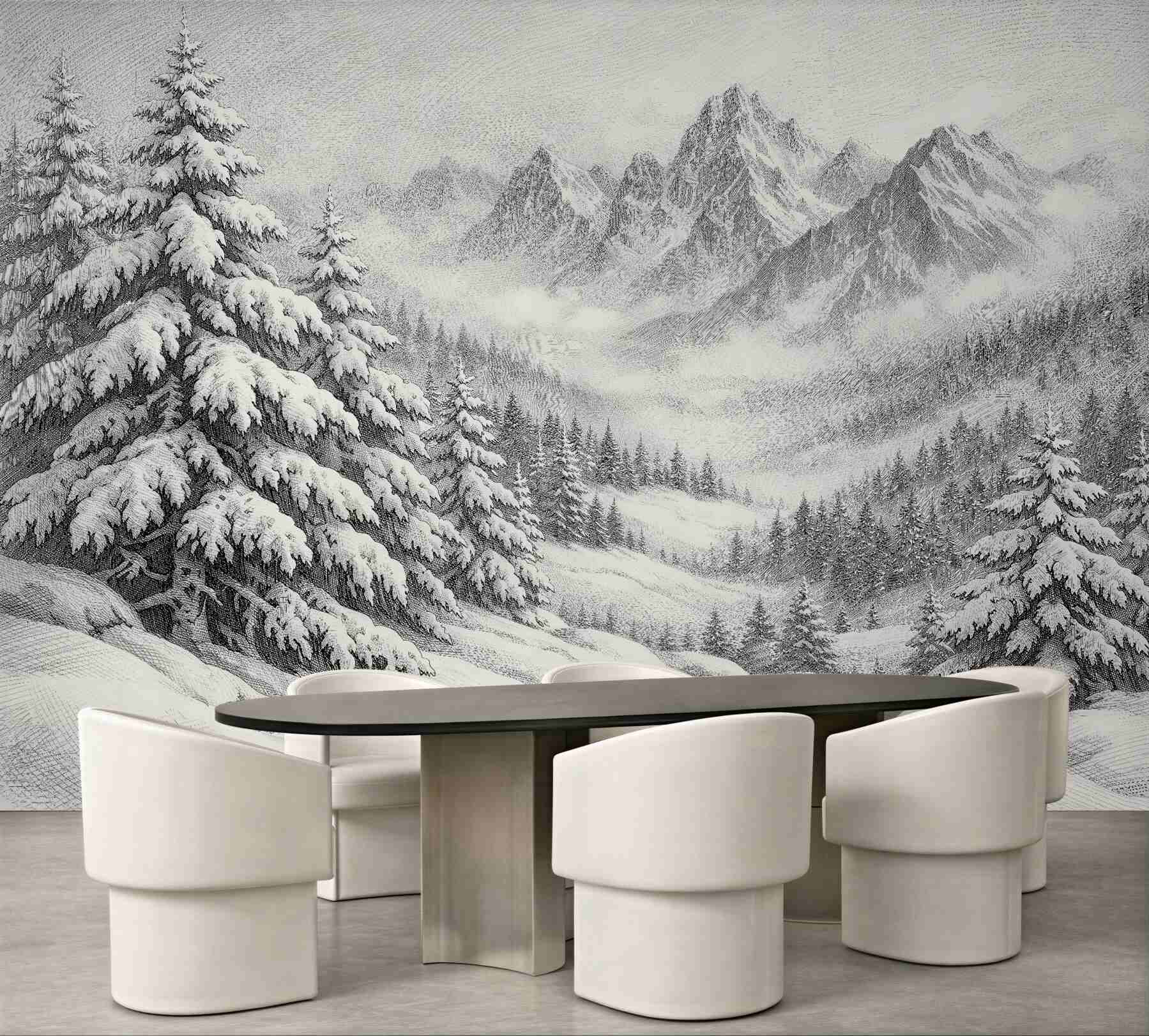 Fototapeten Skizze von Winterbergen und Fichten