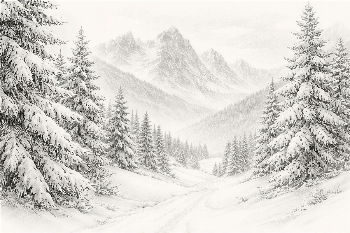 Fototapeten Schneetal in der Stille der Berge
