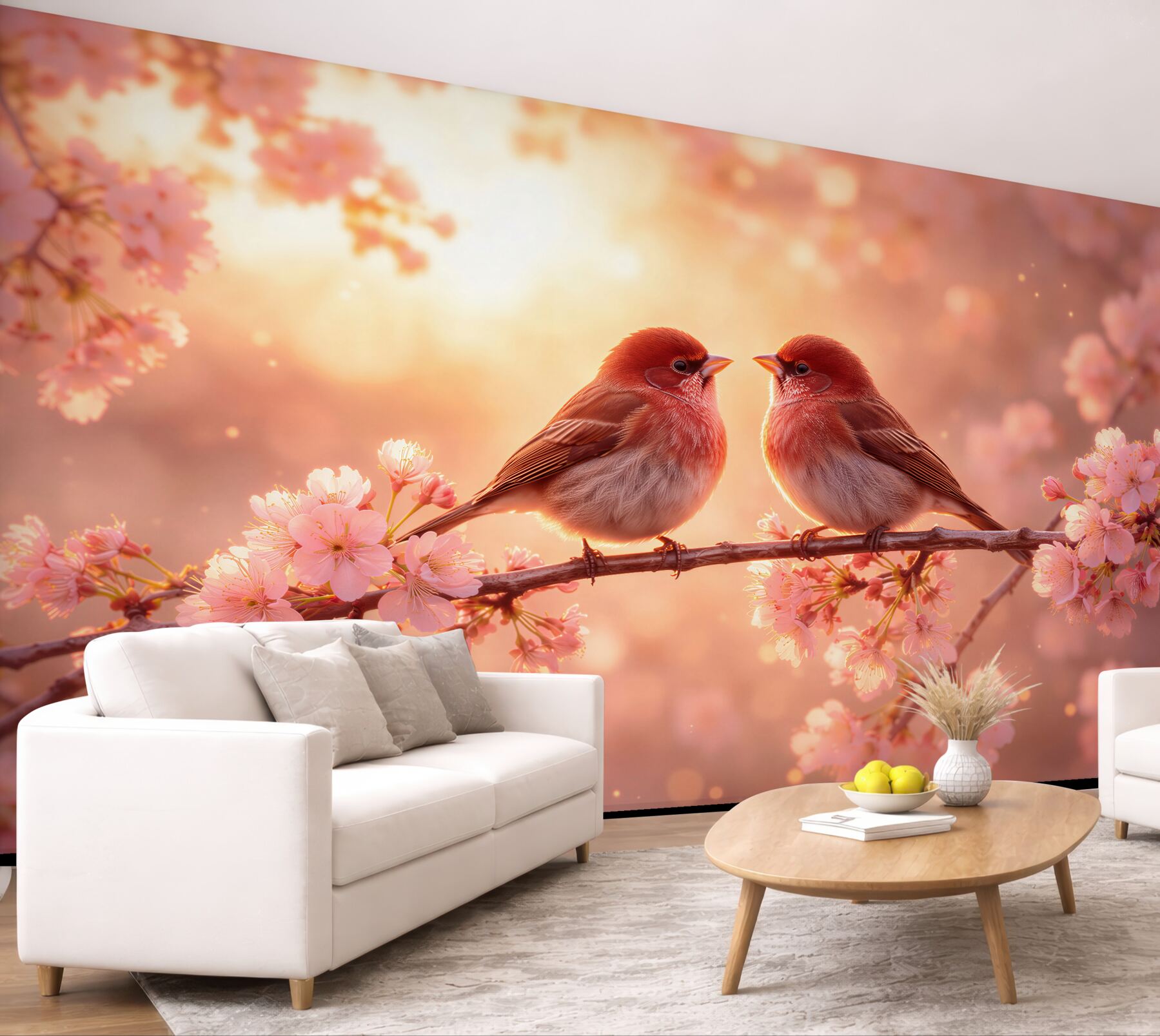 Fototapeten Verliebte Vögel in Kirschblüten