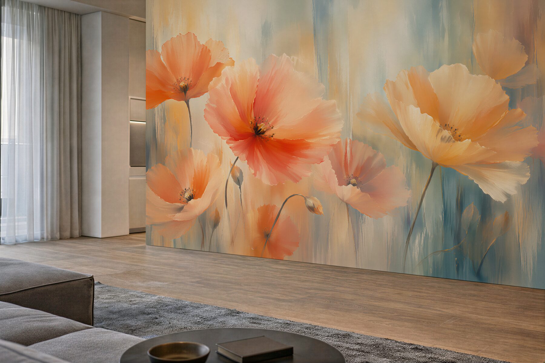 Fototapeten Malerische Mohnblumen in Pastelltönen