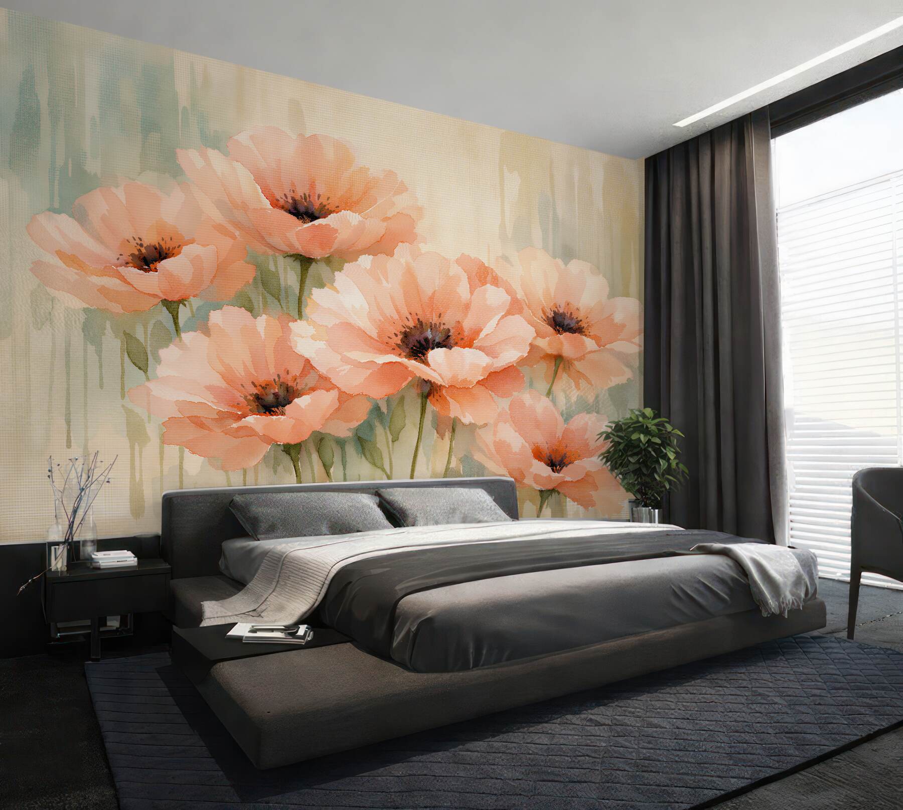 Fototapeten Aquarell-Mohnblumen in Pastelltönen