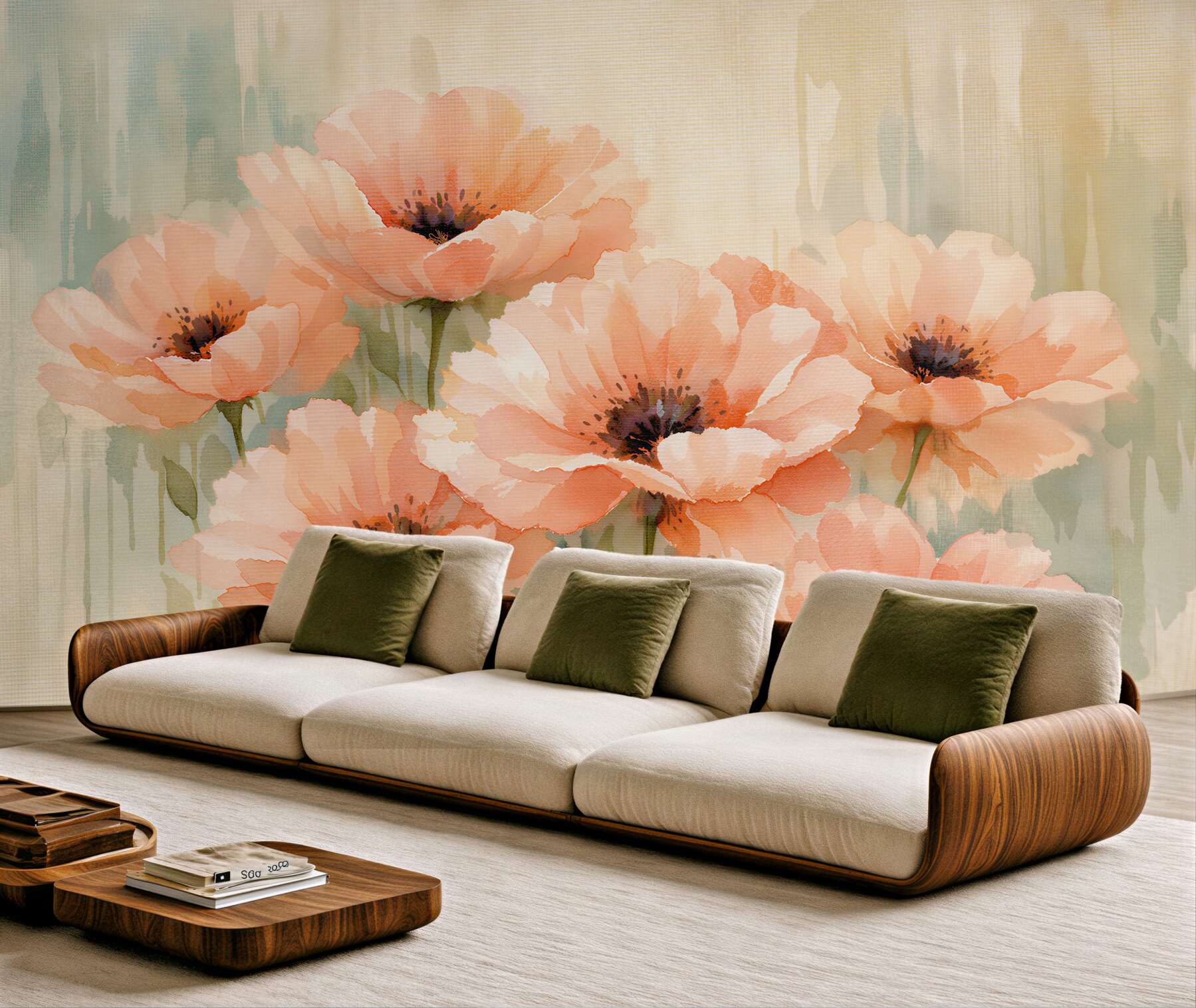 Fototapeten Aquarell-Mohnblumen in Pastelltönen