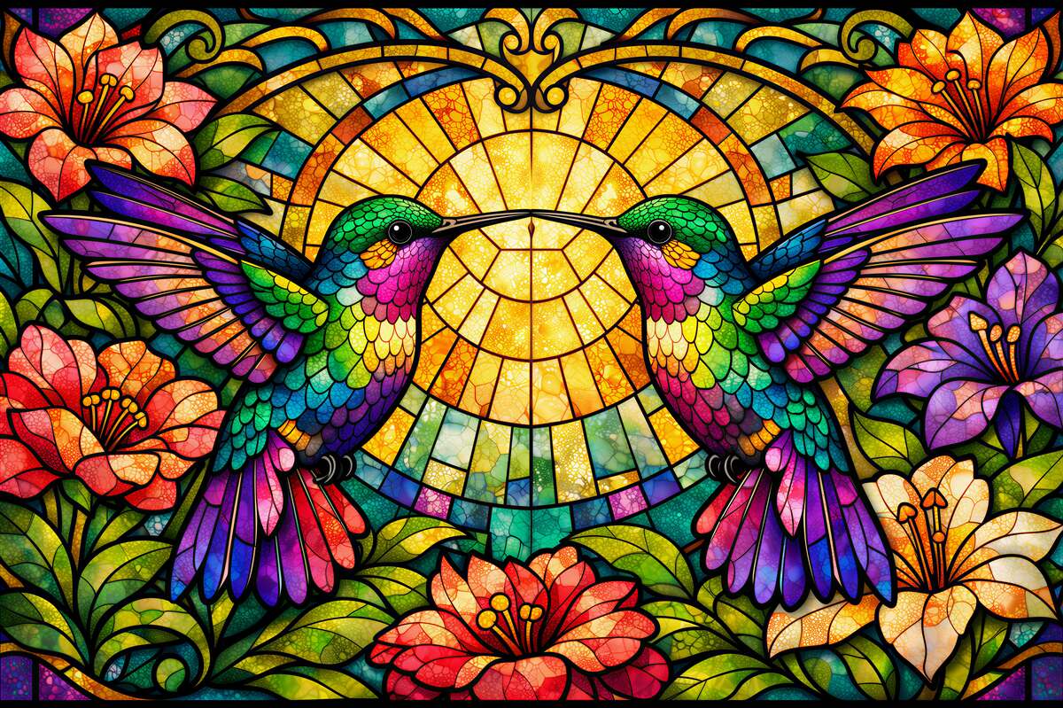 Fototapeten Kolibris im Buntglasstil zwischen Blumen