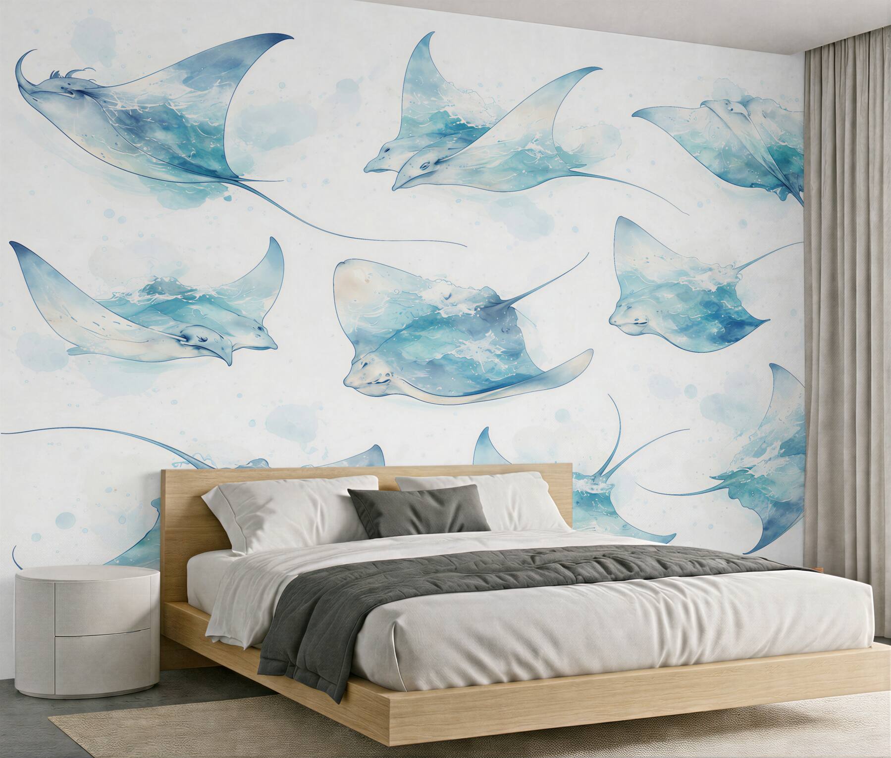 Fototapeten Aquarell-Mantarochen in Blau