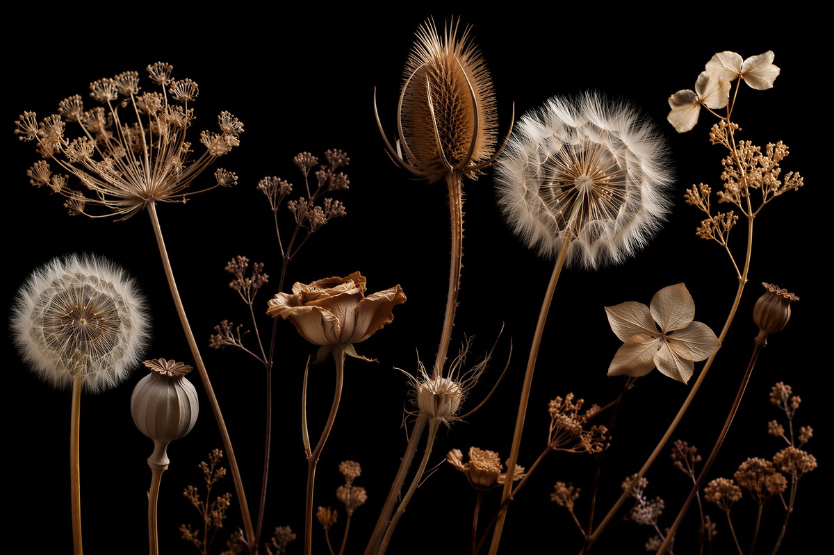 Fototapeten Goldene Trockenblumen auf schwarzem Hintergrund