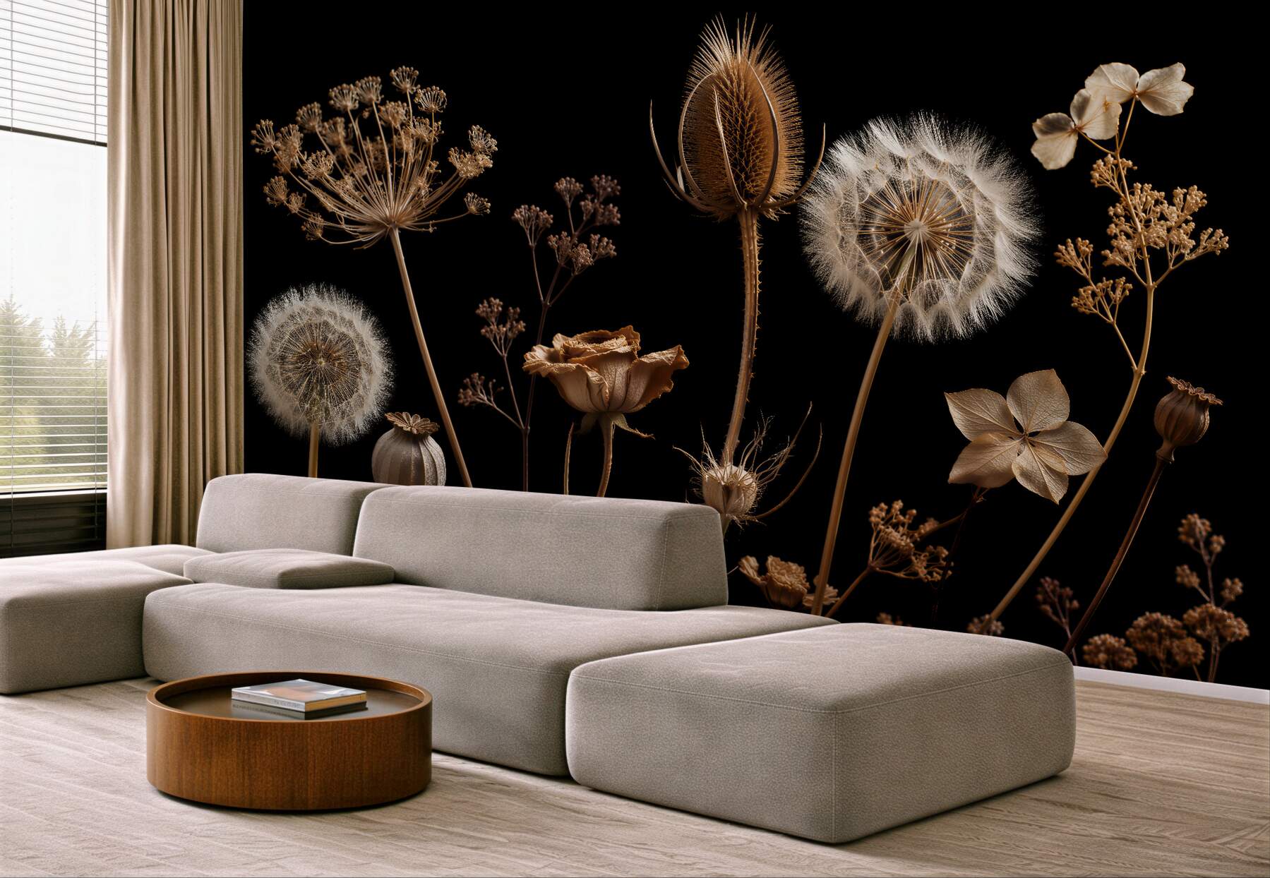 Fototapeten Goldene Trockenblumen auf schwarzem Hintergrund