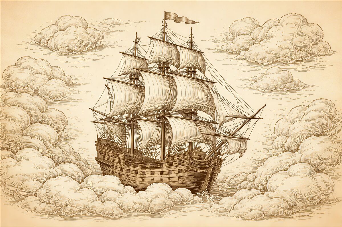 Fototapeten Segelschiff in Retro-Wolken