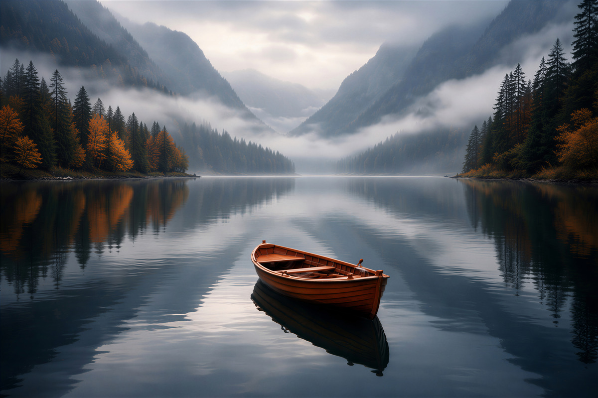 Fototapeten Einsames Boot auf dem Bergsee