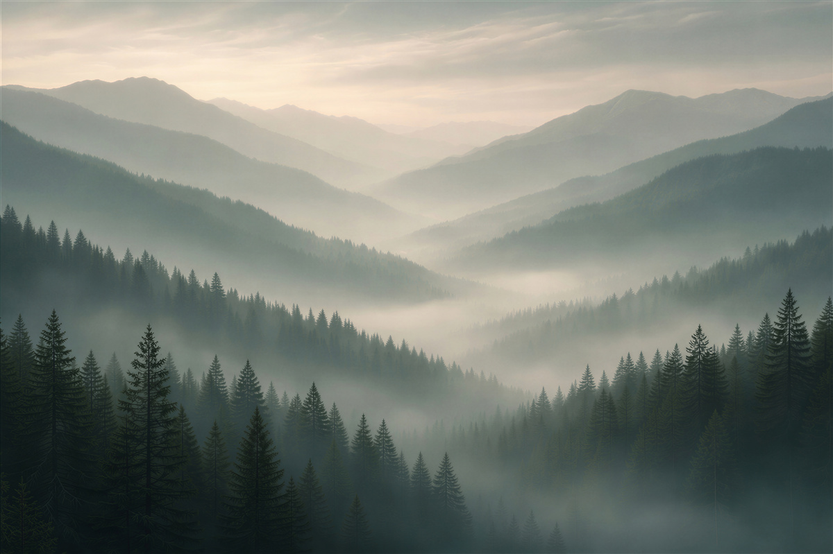 Fototapeten Nebliger Morgen über dem Bergwald