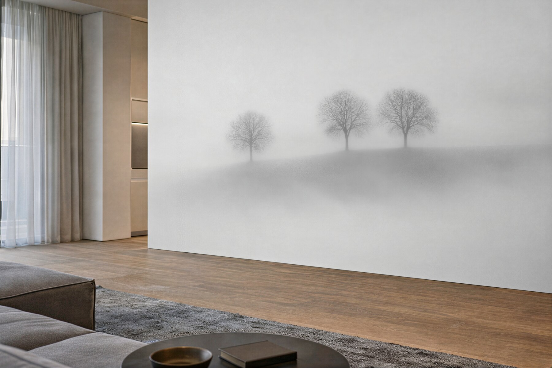 Fototapeten Einsame Bäume im weißen Nebel