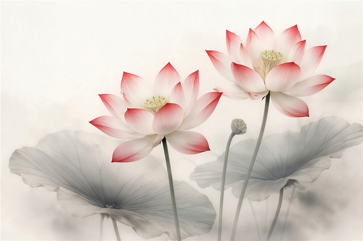 Fototapeten Zarte Lotusblüten im Pastellnebel