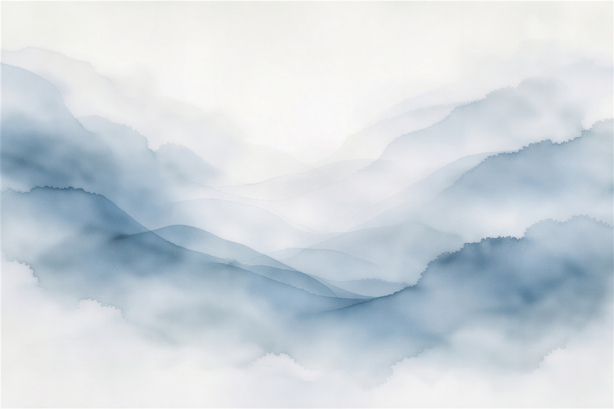 Fototapeten Blaue Berge im Aquarellnebel