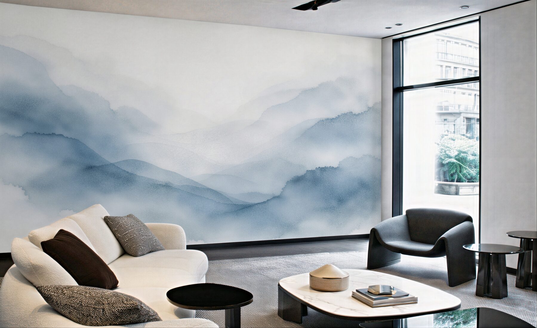 Fototapeten Blaue Berge im Aquarellnebel