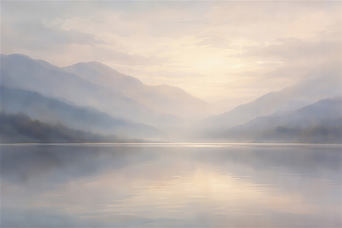 Fototapeten Morgendämmerung über dem Bergsee