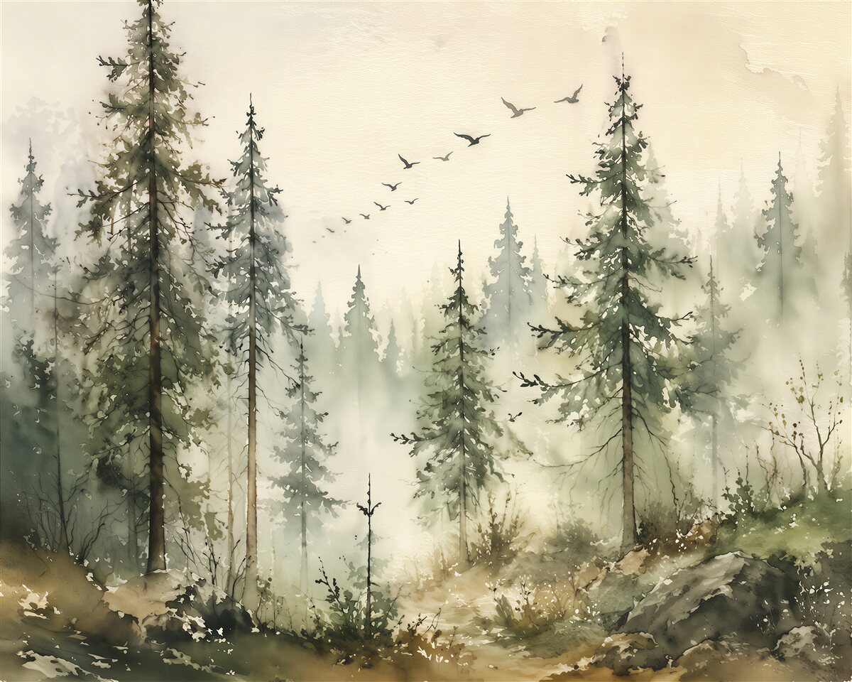 Fototapeten Aquarellwald im Nebel