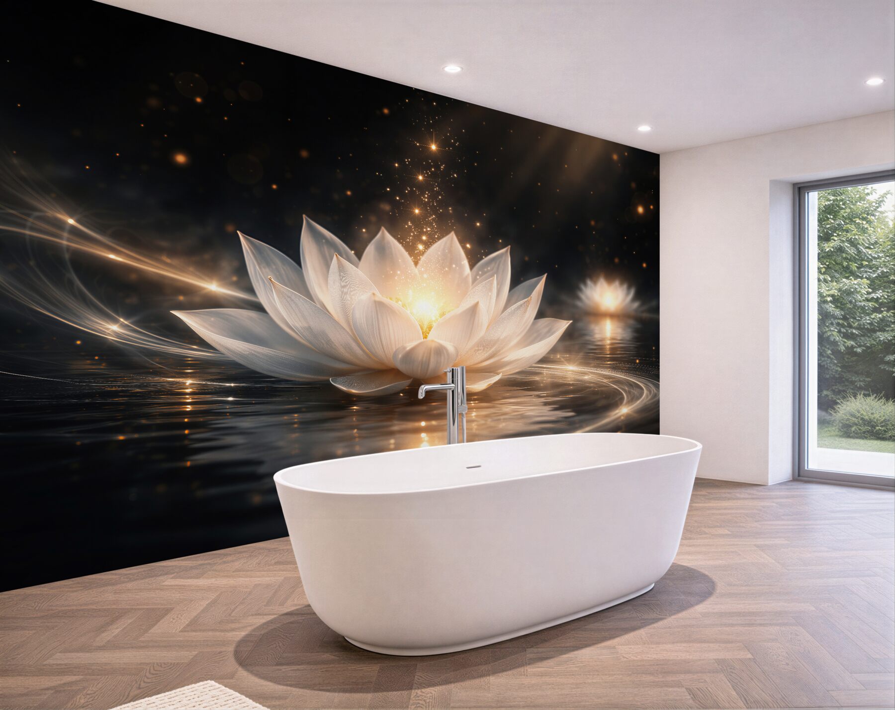 Fototapeten Lotus des Lichts auf ruhigem Wasser