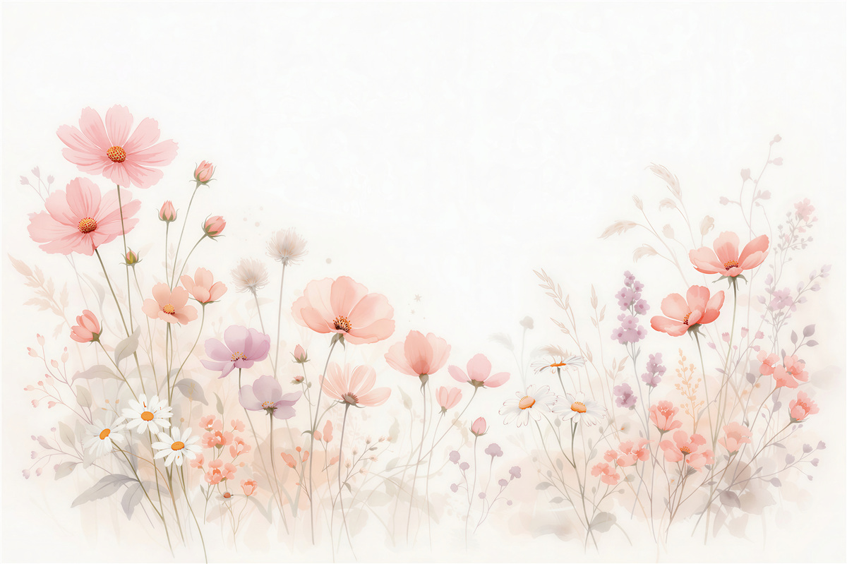 Fototapeten Pastellwiese mit Aquarellblumen