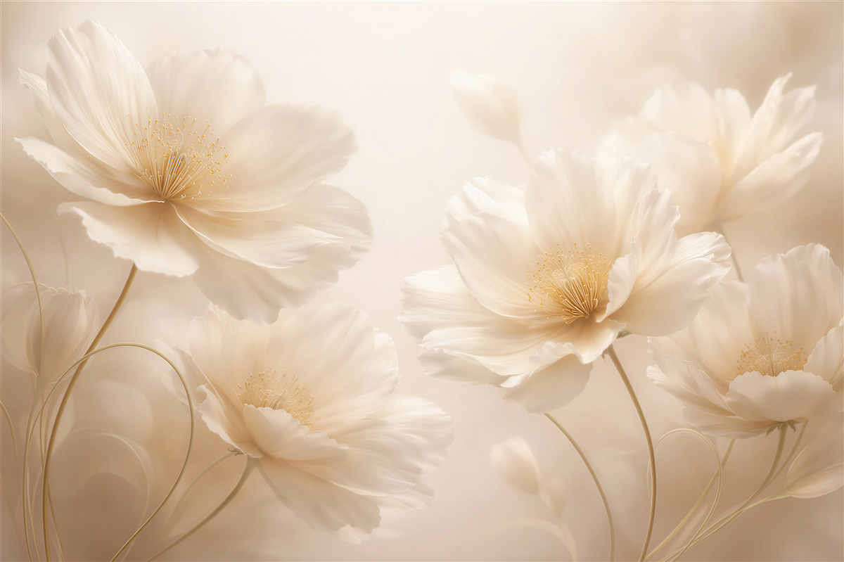 Fototapeten Cremefarbene Blumen im lichtvollen Nebelschleier
