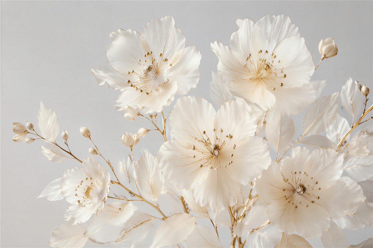 Fototapeten Weiße Blumen mit goldener Linie