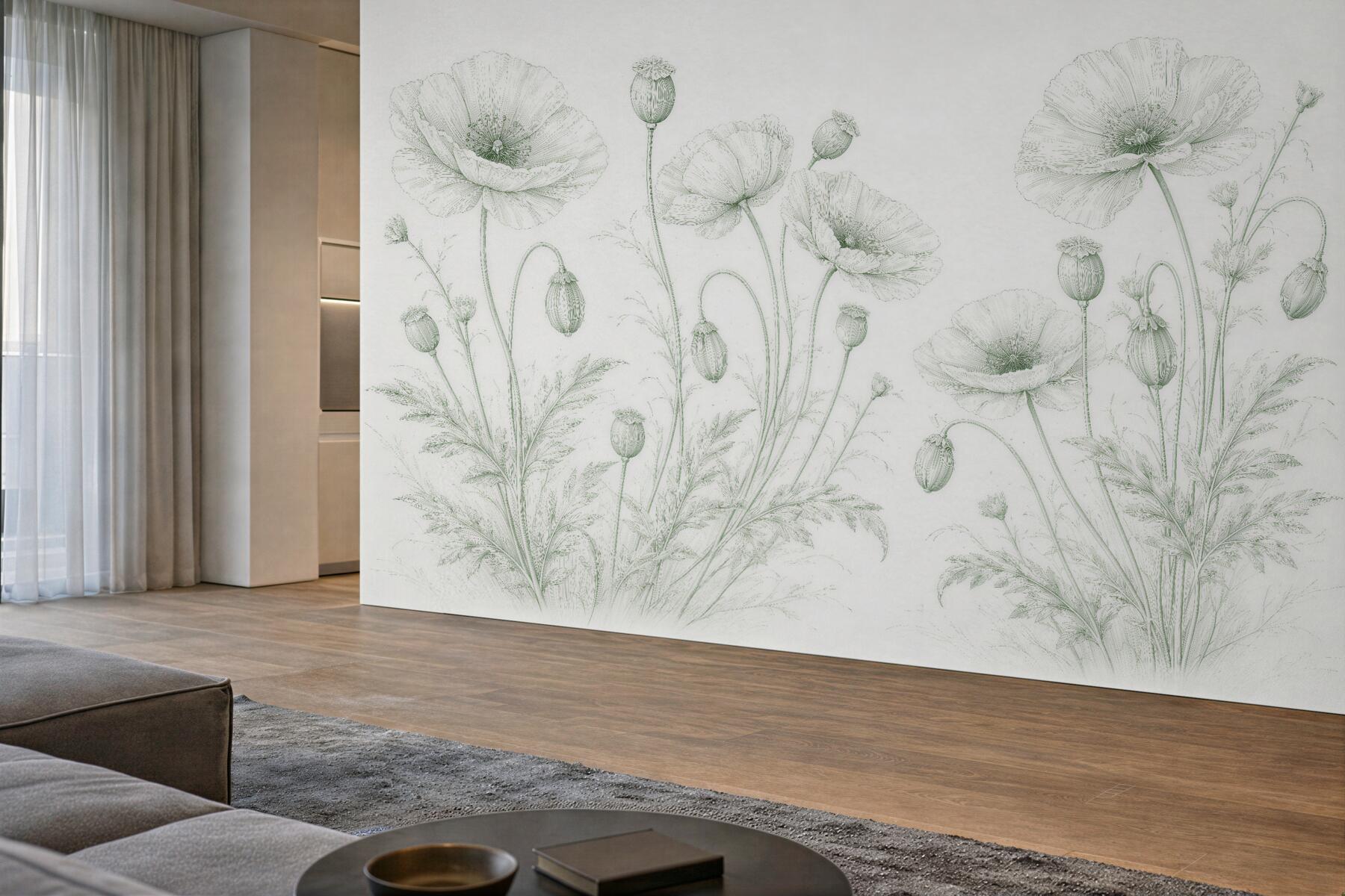 Fototapeten Zarte Mohnblumen in pastelliger Linienführung