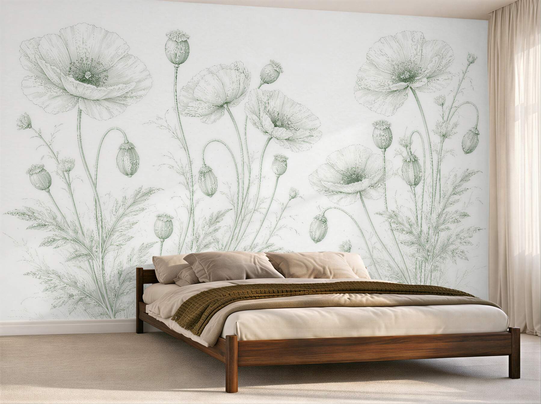 Fototapeten Zarte Mohnblumen in pastelliger Linienführung