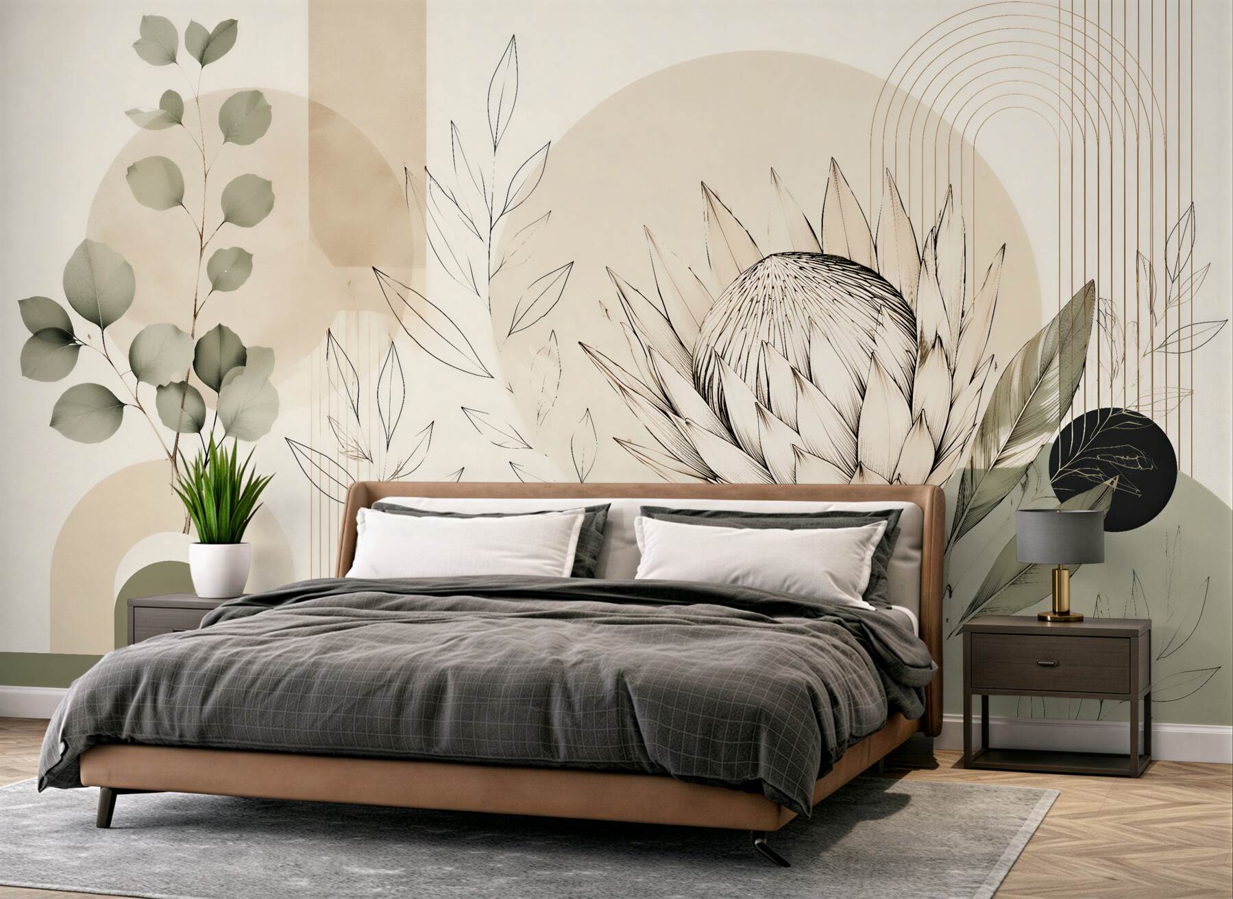 Fototapeten Geometrische Protea in beiger Harmonie