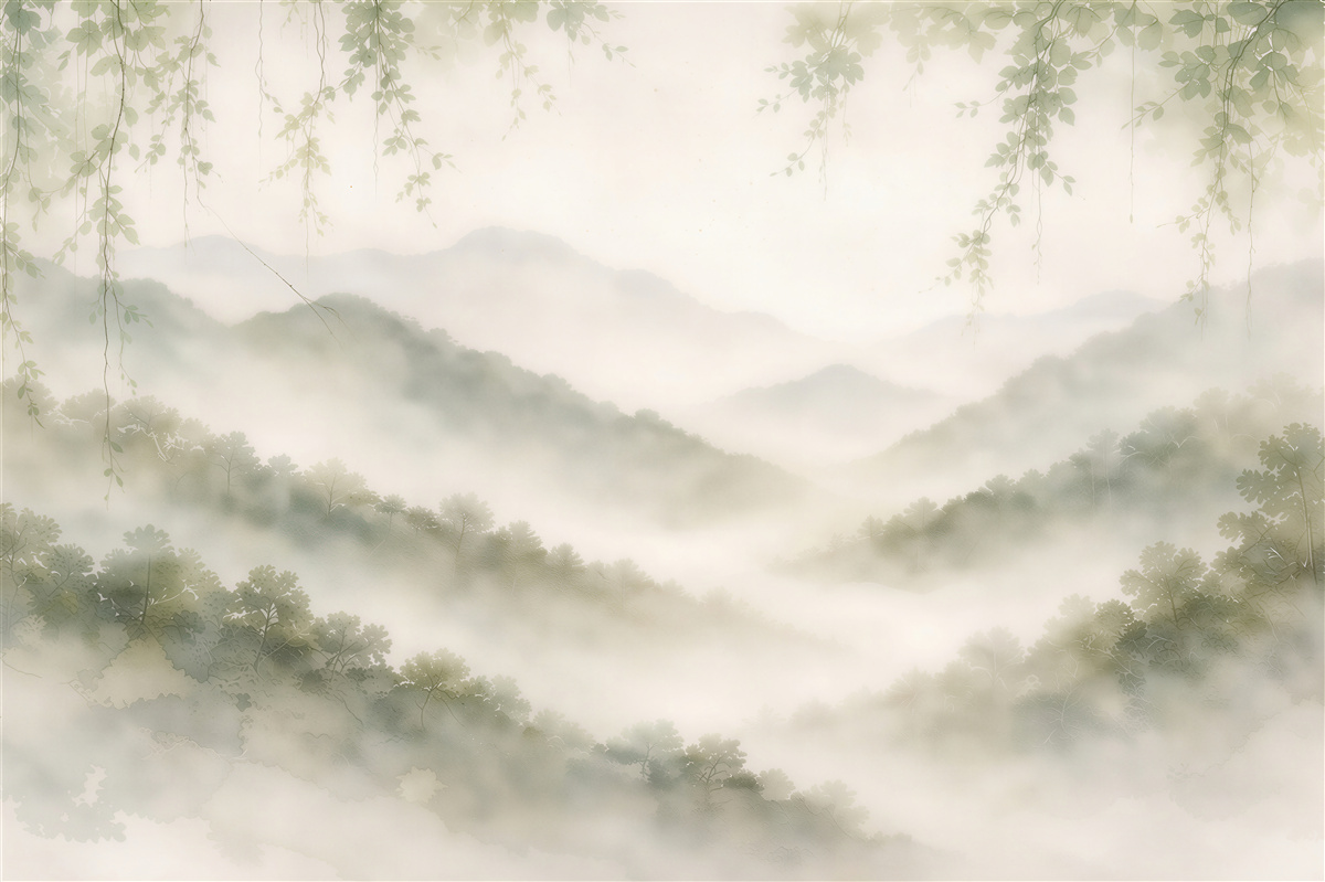Fototapeten Waldhügel im weichen Nebel