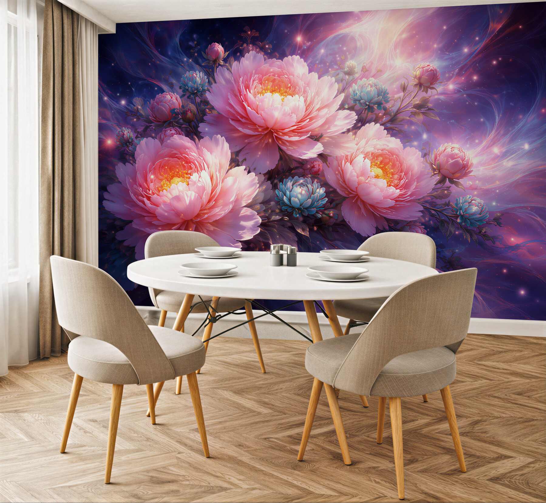 Fototapeten Kosmische Pfingstrosen im Glanz