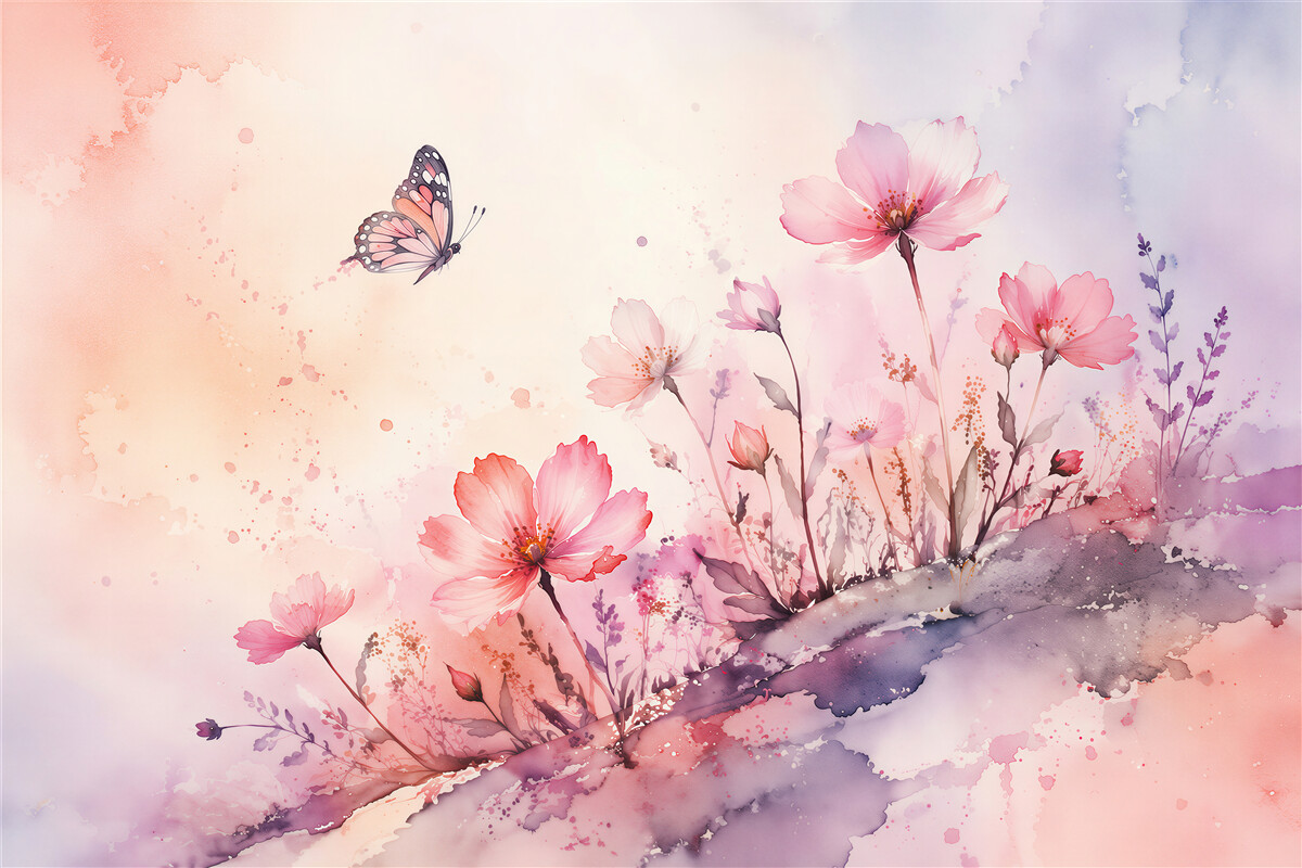Fototapeten Aquarellblumen mit Schmetterling