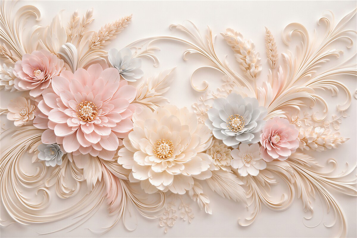 Fototapeten Puderfarbene Blumen im goldenen Relief
