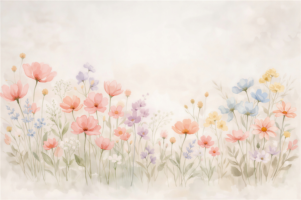 Fototapeten Pastellige Wiese aus Aquarellblumen