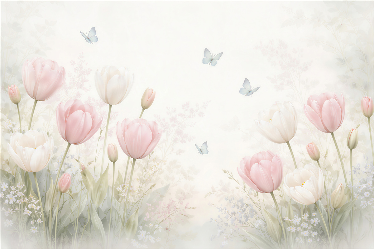 Fototapeten Pastellige Tulpen mit Schmetterlingen
