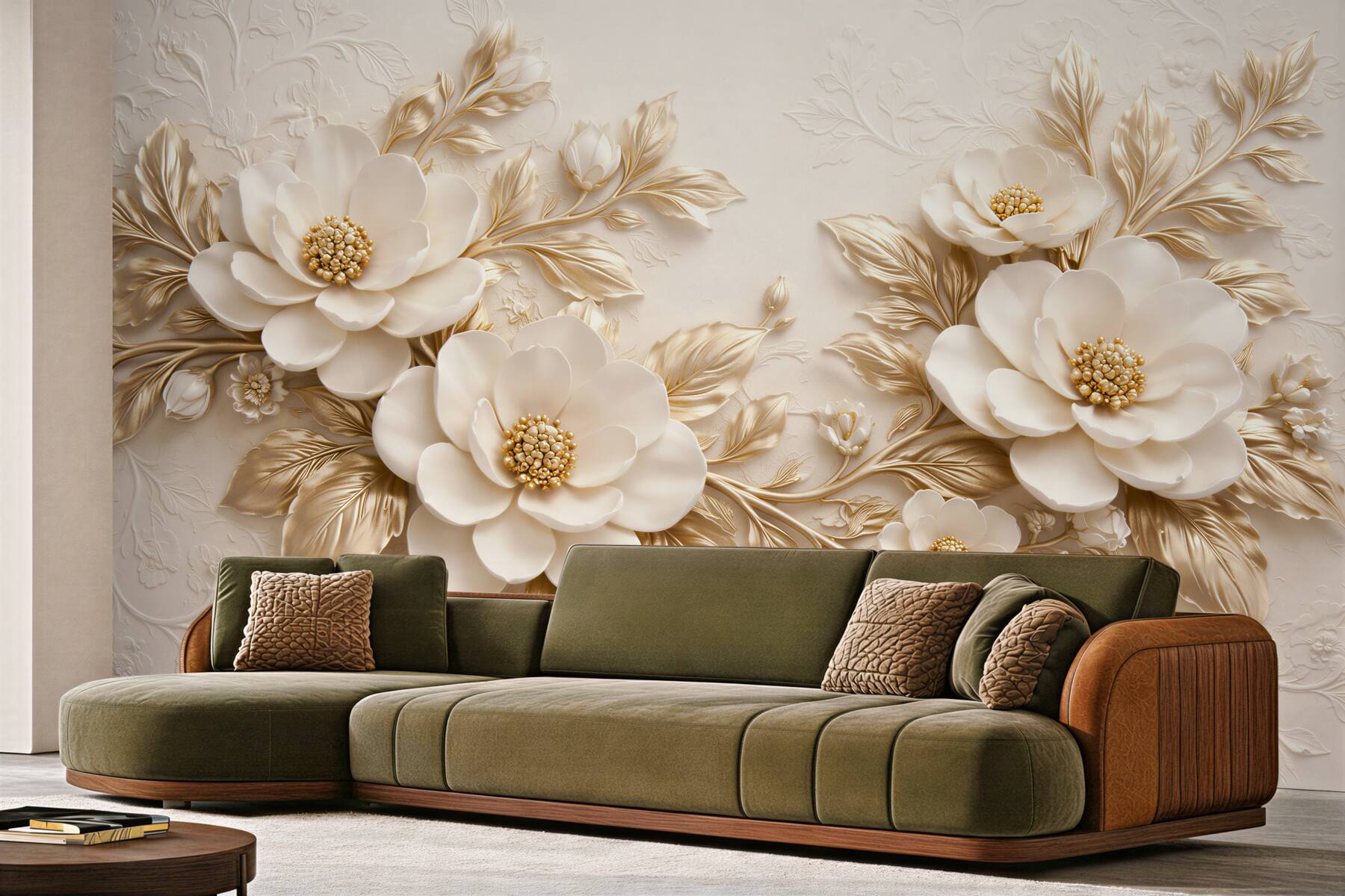 Fototapeten Goldene Blumen in elegantem Relief