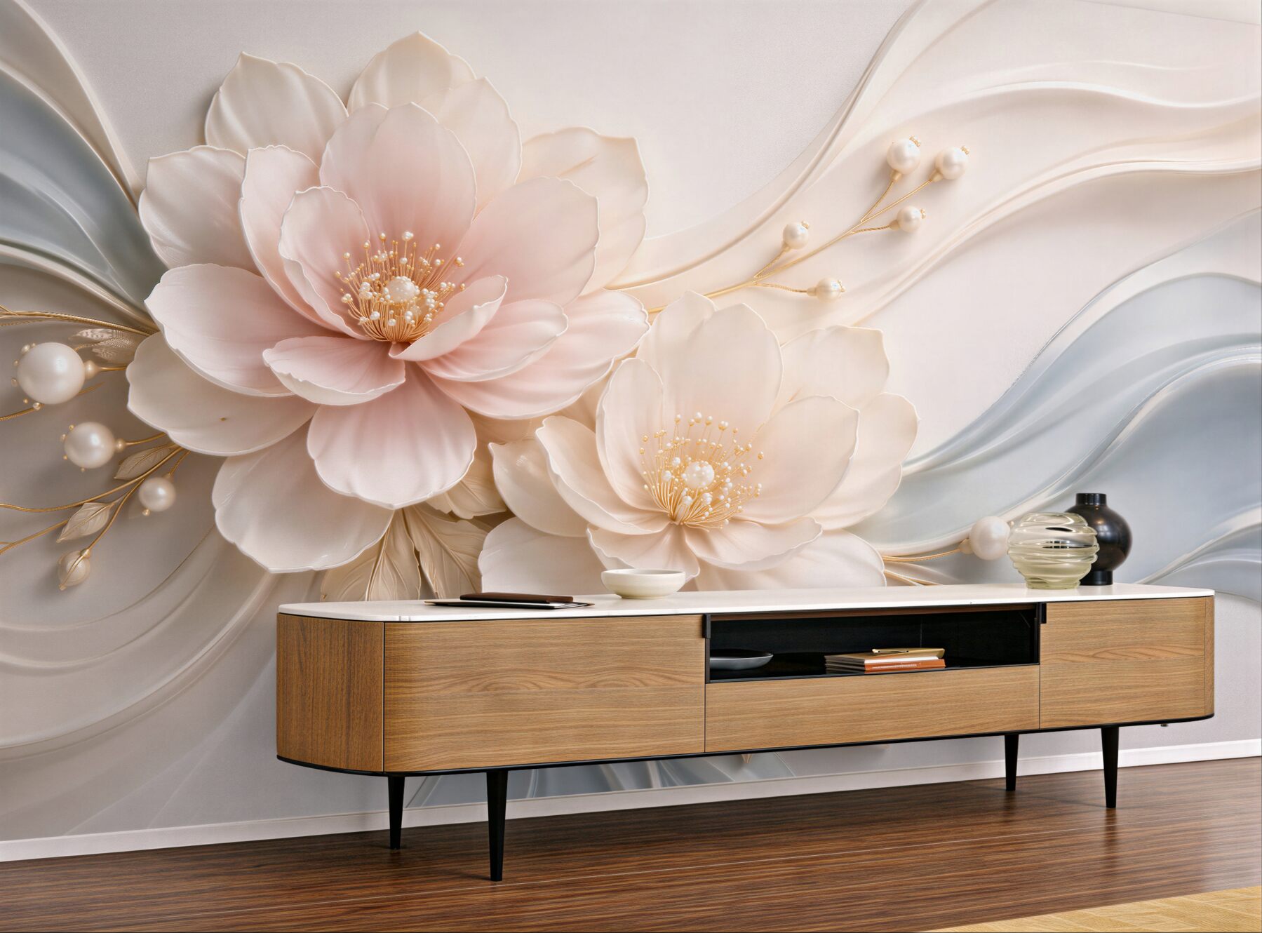 Fototapeten Perlmuttblumen in elegantem Relief
