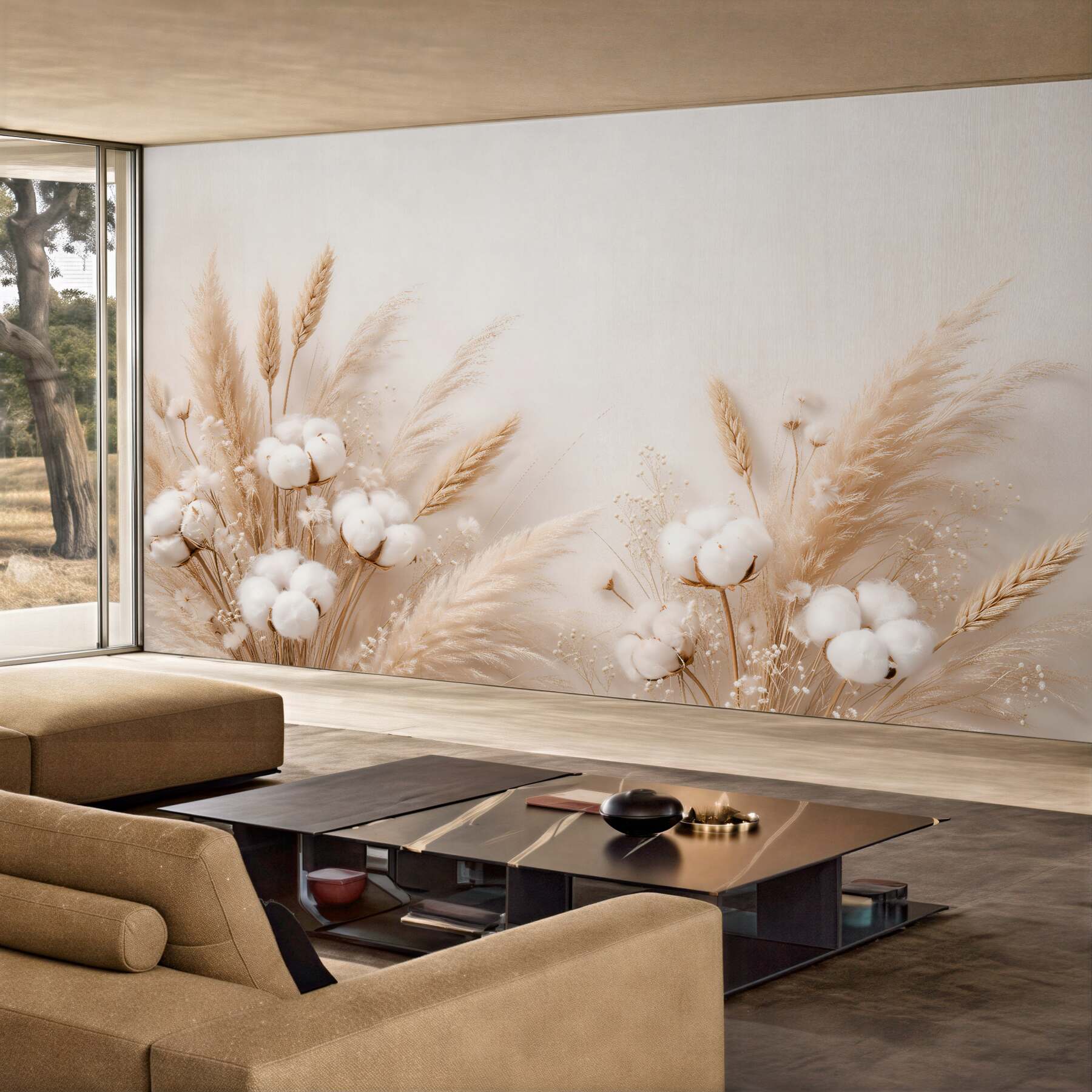 Fototapeten Beige Gräser und baumwollene Zartheit