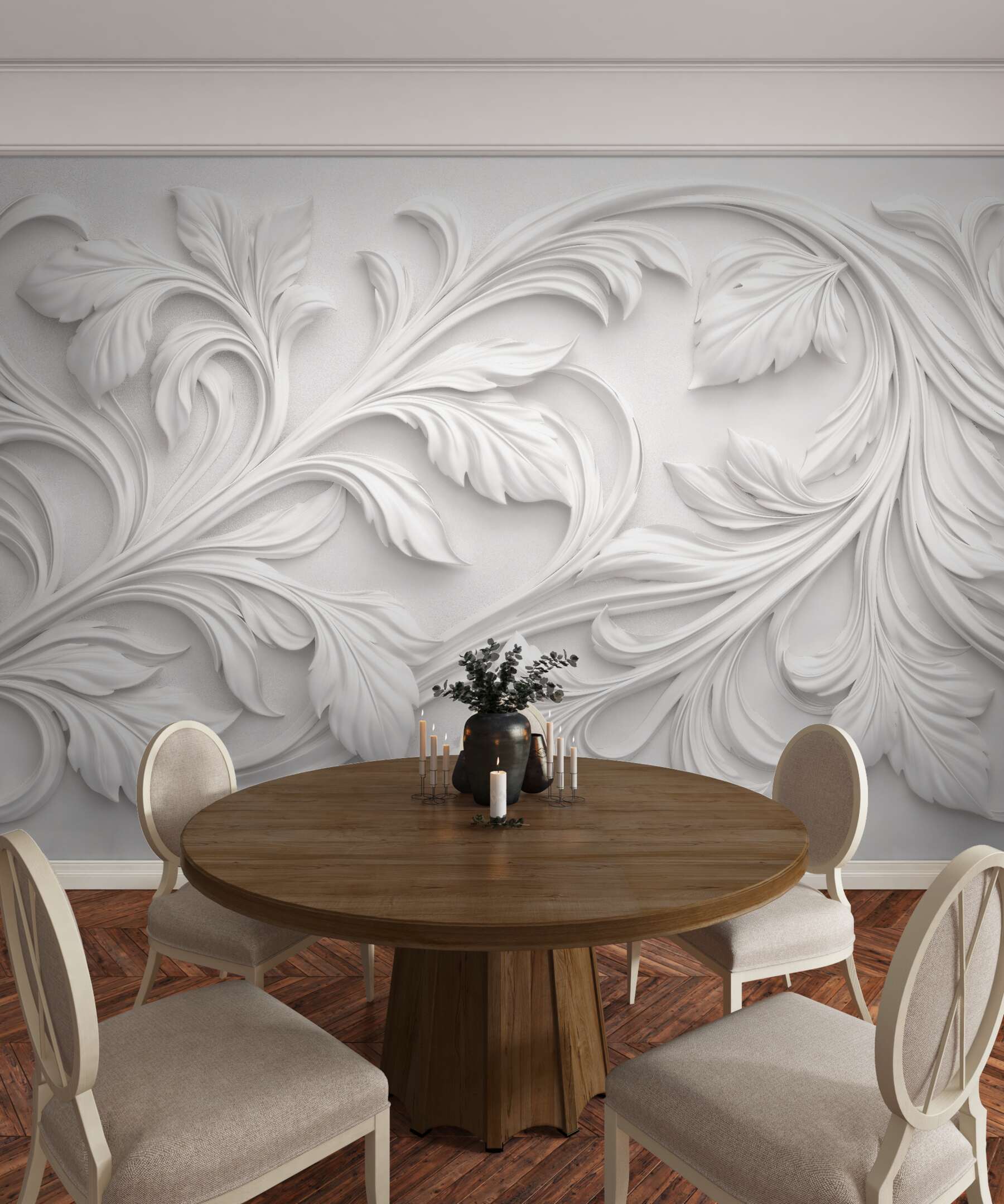 Fototapeten Weiße blättrige Ornamente 3D