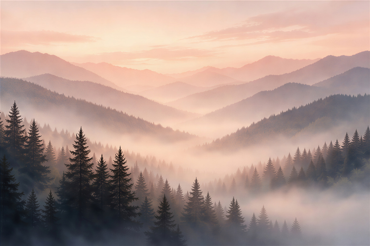 Fototapeten Nebliges Morgengrauen über dem Bergwald