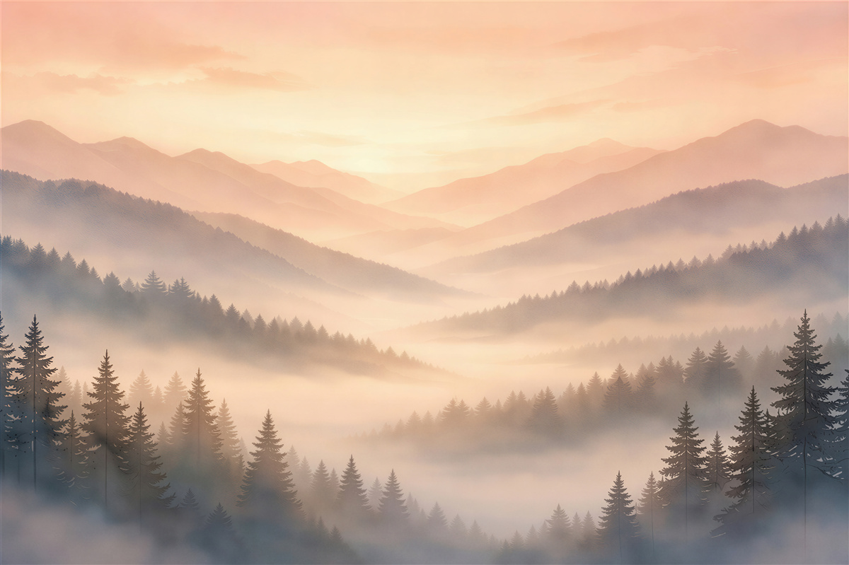 Fototapeten Rosenmorgen zwischen nebligen Gipfeln