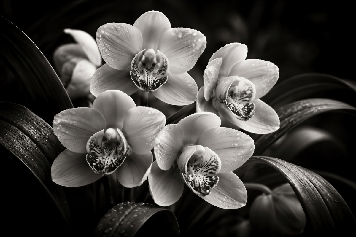 Fototapeten Schwarz-weiße Orchideen mit Tropfen