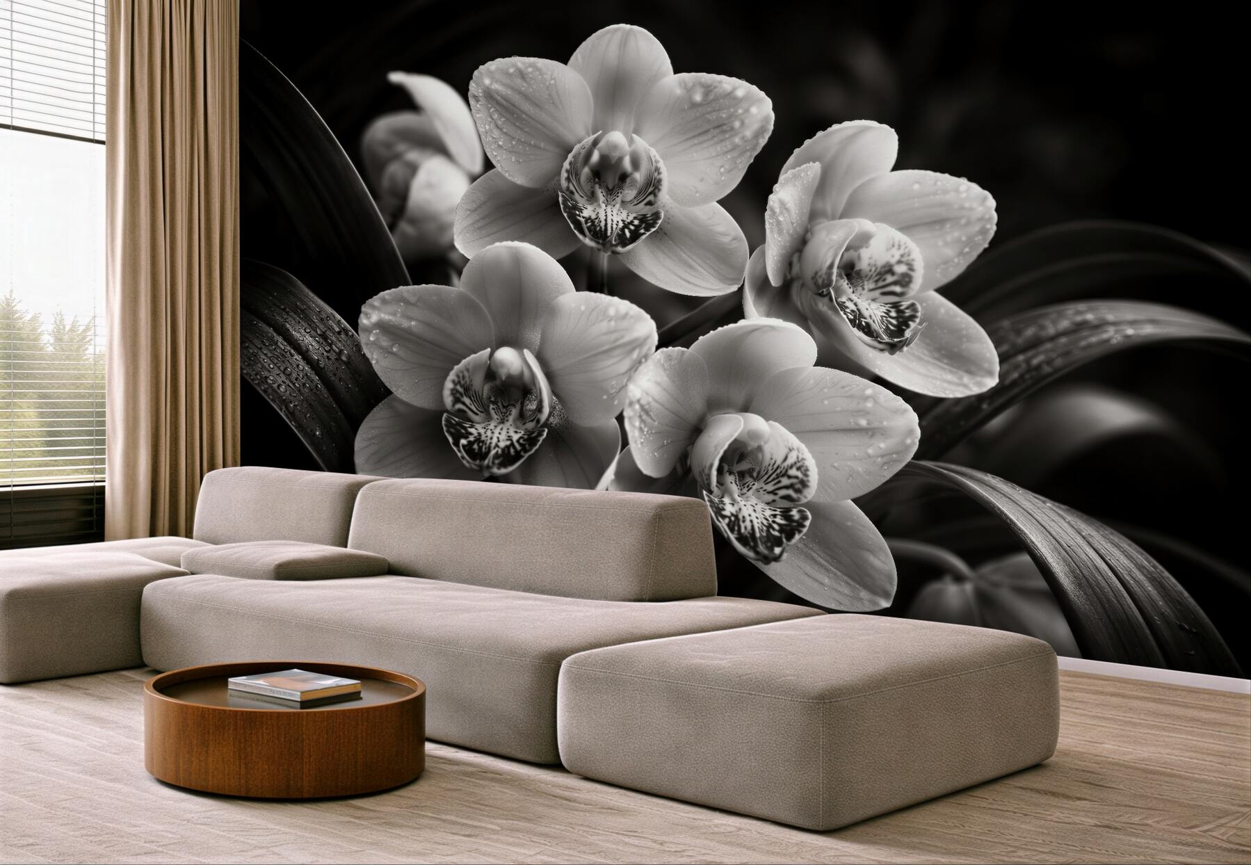 Fototapeten Schwarz-weiße Orchideen mit Tropfen