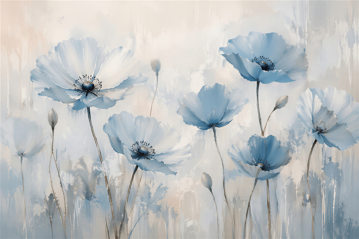 Fototapeten Hellblaue Mohnblumen in subtiler Aura
