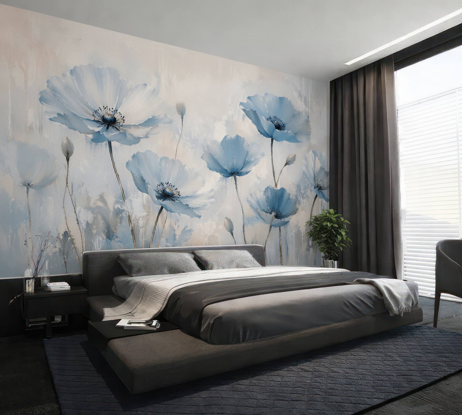 Fototapeten Hellblaue Mohnblumen in subtiler Aura